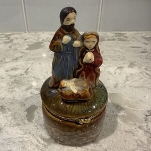 Nativity Trinket‎ Box Hinged Lid Ceramic Hand-Painted Jesus Mary & Joseph